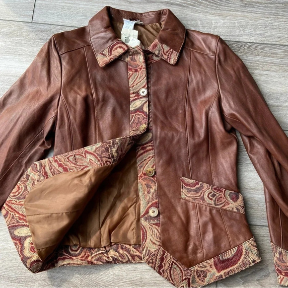 NWT Coldwater Creek Tapestry  Trim Leather Jacket - Picture 7 of 14